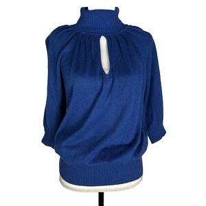 Acrobat Blue Knit Silk Cashmere Sweater Size S Open Keyhole 3/4 Sleeve High Neck